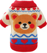 KUTKUT Winter Knit Bear Sweater For Small Dogs and Cats - Warm Acrylic Wool Pet Pullover With Red Hearts, Cute Puppy Kitten Cold Weather Clothes For ShihTzu, Poodle, Pug etc
